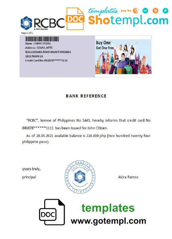 Philippines RCBC bank reference letter template in Word and PDF format
