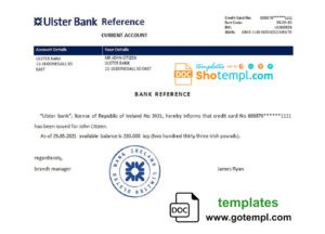 Ireland Ulster Bank bank account reference letter template in Word and PDF format