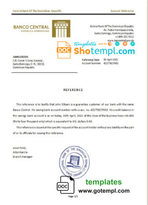 Dominicia Central Bank Of The Dominican Republic bank account balance reference letter template in Word and PDF format