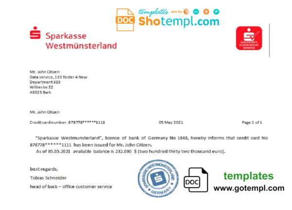 Germany Sparkasse bank account reference letter template in Word and PDF format