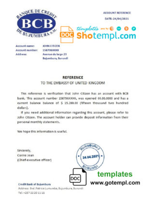 Burundi Credit Bank of Bujumbura bank account reference letter template in Word and PDF format