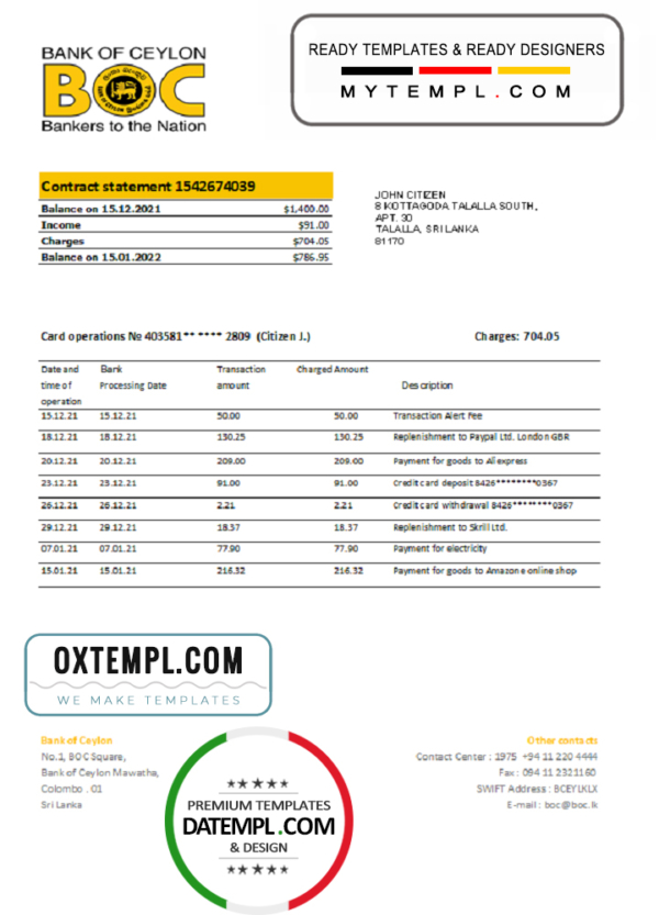 Sri Lanka Bank of Ceylon bank statement easy to fill template in .xls and .pdf file format