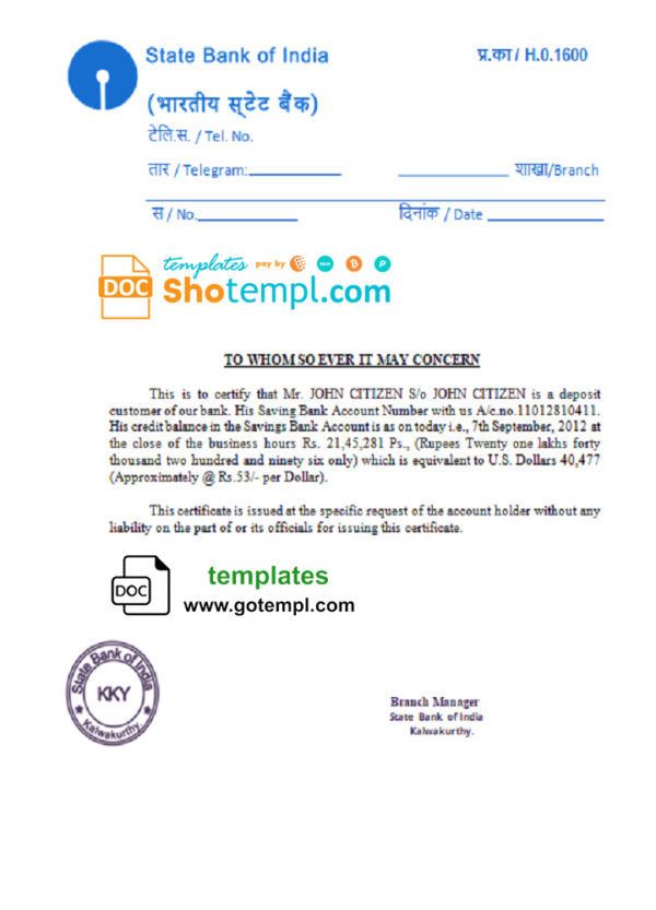 India State Bank of India reference letter template in Word and PDF format