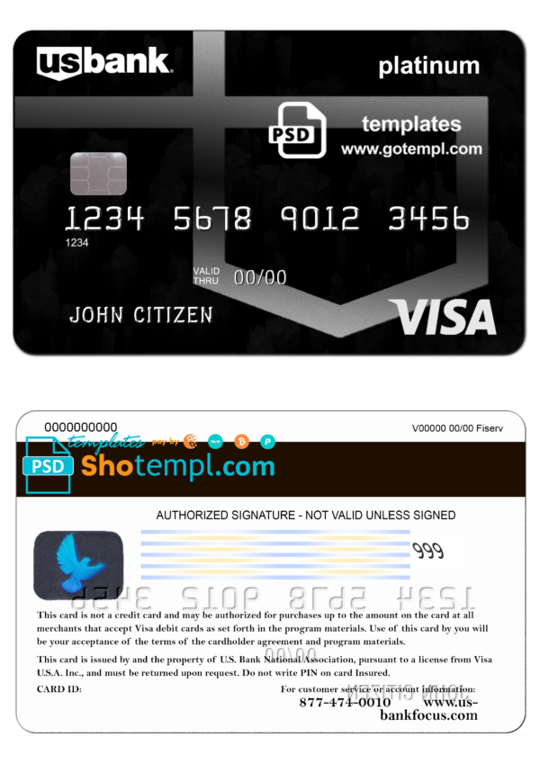 USA U.S. Bank visa card template in PSD format, fully editable