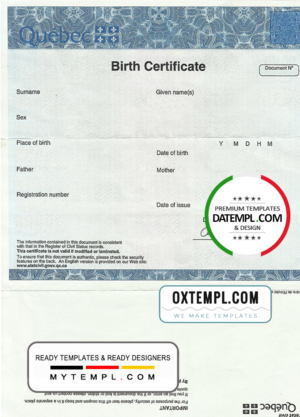 Canada Quebec Birth Certificate template in PSD format