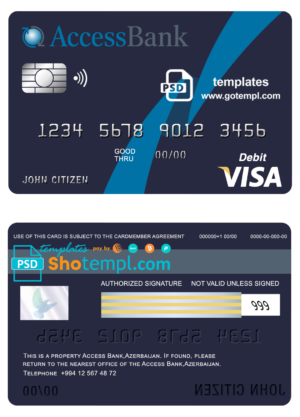 Azerbaijan Access Bank visa card debit card template in PSD format, fully editable