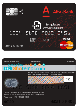Belarus Alfa bank mastercard debit card template in PSD format, fully editable
