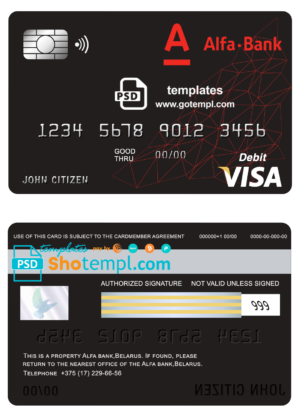 Belarus Alfa bank visa card debit card template in PSD format, fully editable