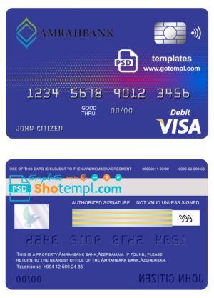 Azerbaijan Amrahbank bank visa card debit card template in PSD format, fully editable