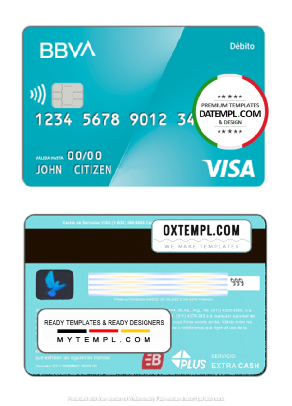 Argentina BBVA bank visa debit card template in PSD format, fully editable, with all fonts