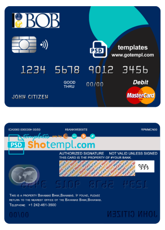 Bahamas Bank of the Bahamas bank mastercard debit card template in PSD format, fully editable