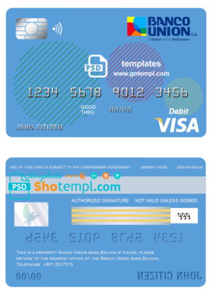Bolivia Banco Union bank visa card debit card template in PSD format, fully editable