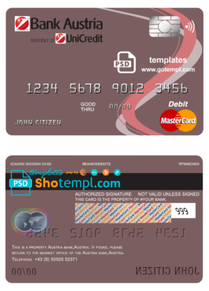 Austria Bank Austria mastercard debit card template in PSD format, fully editable