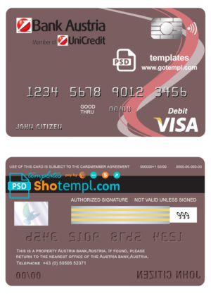 Austria Bank Austria visa card debit card template in PSD format, fully editable