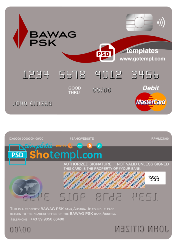 Austria BAWAG PSK bank mastercard debit card template in PSD format, fully editablc