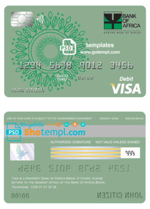 Benin Bank of Africa visa card debit card template in PSD format, fully editable