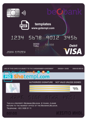 Belgium Beobank visa card debit card template in PSD format, fully editable