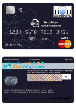 Bhutan Bank of Bhutan mastercard debit card template in PSD format, fully editable