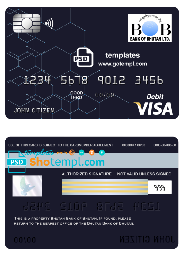 Bhutan Bank of Bhutan visa card debit card template in PSD format, fully editable