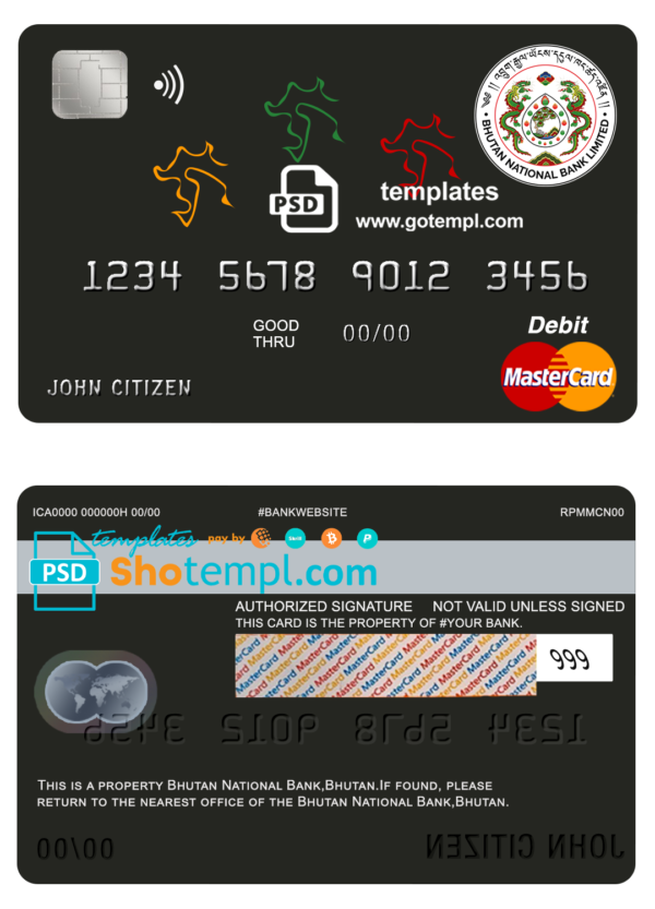 Bhutan National Bank mastercard debit card template in PSD format, fully editable