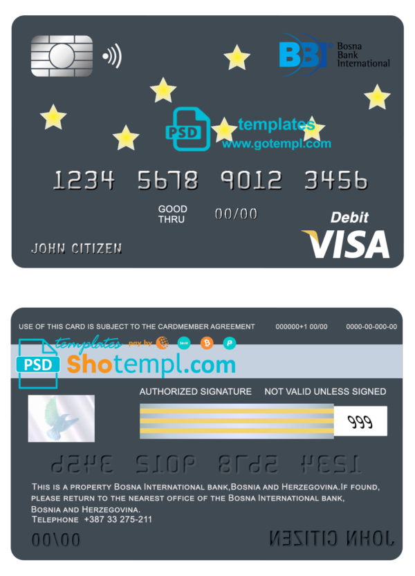 Bosnia and Herzegovina Bosna Bank International bank visa card debit card template in PSD format, fully editable