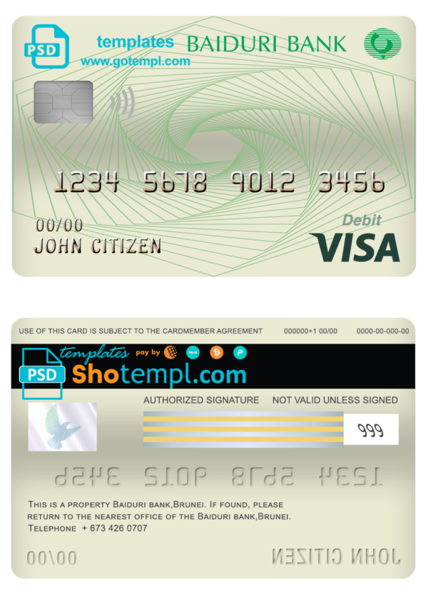 Brunei Baiduri Bank visa card debit card template in PSD format, fully editable