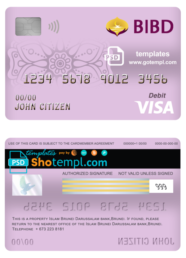 Brunei Bank Islam Brunei Darussalam bank visa card debit card template in PSD format, fully editable