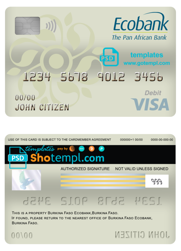 Burkina Faso Ecobank bank visa card debit card template in PSD format, fully editable