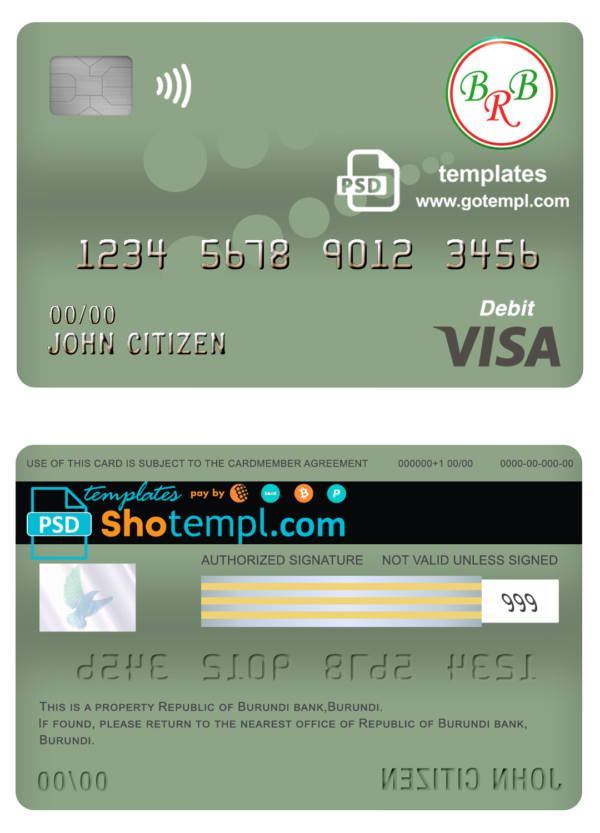 Burundi Bank of the Republic of Burundi visa card debit card template in PSD format, fully editable
