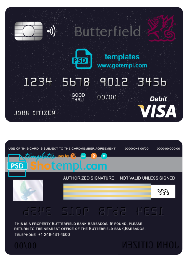 Barbados Butterfield bank visa card debit card template in PSD format, fully editable