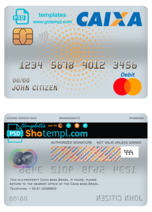 Brazil Caixa bank mastercard debit card template in PSD format, fully editable