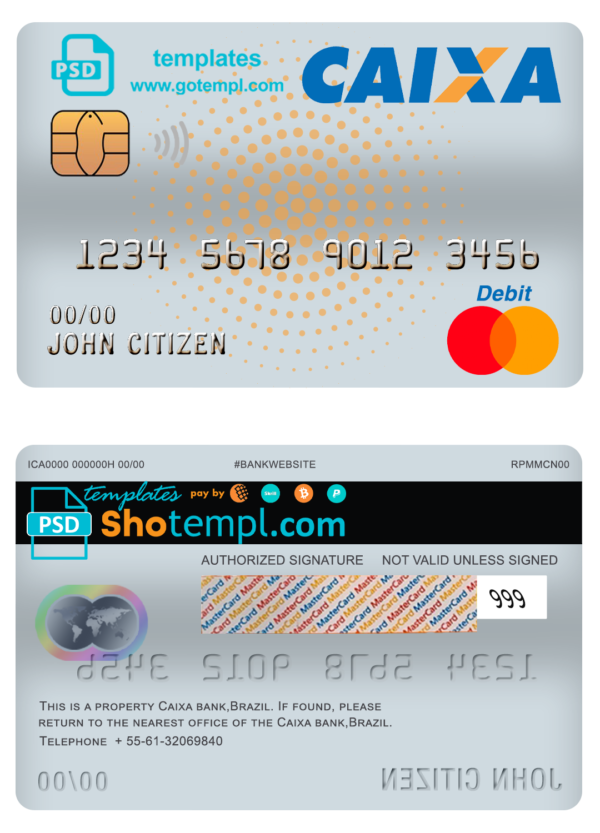 Brazil Caixa bank mastercard debit card template in PSD format, fully editable
