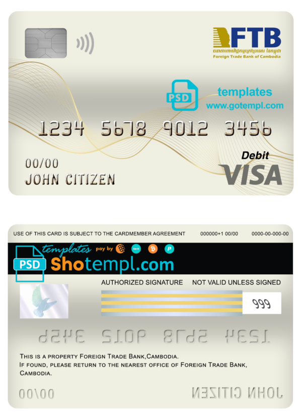Cambodia Foreign Trade Bank of Cambodia bank visa card debit card template in PSD format, fully editable