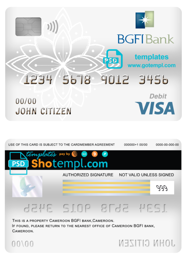 Cameroon BGFI bank visa card debit card template in PSD format, fully editable