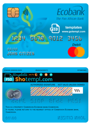 Cameroon Ecobank bank mastercard debit card template in PSD format, fully editable