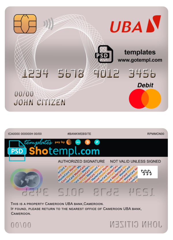 Cameroon UBA bank mastercard debit card template in PSD format, fully editable