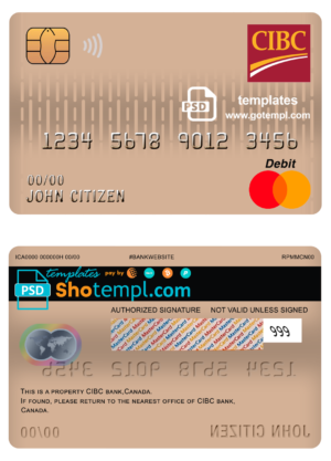 Canada CIBC bank mastercard debit card template in PSD format, fully editable