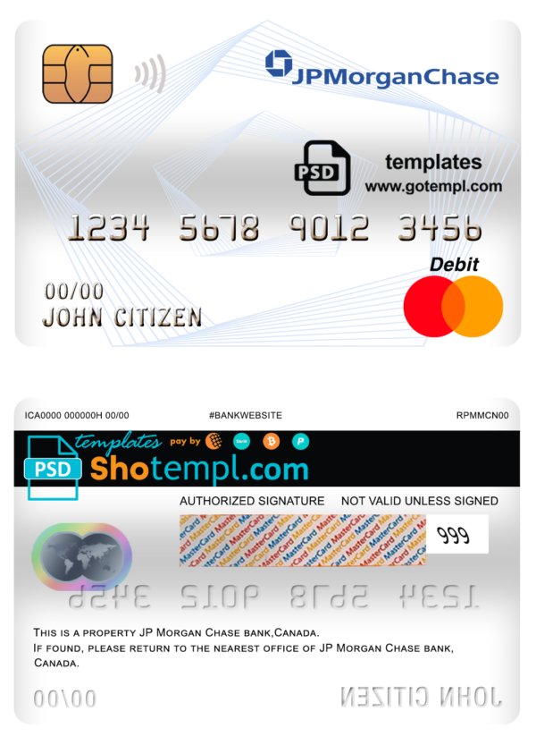 Canada JP Morgan Chase bank mastercard debit card template in PSD format, fully editable