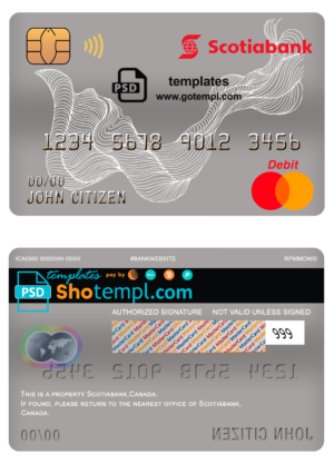 Canada Scotiabank bank mastercard debit card template in PSD format, fully editable