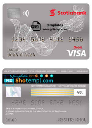 Canada Scotiabank bank visa card debit card template in PSD format, fully editable