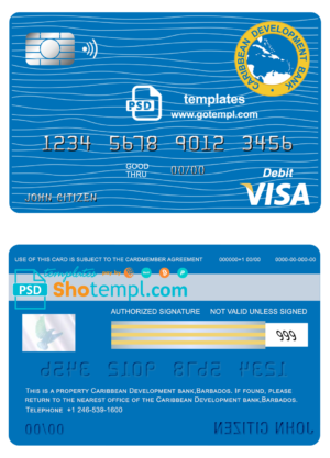 Barbados Caribbean Development Bank visa card debit card template in PSD format, fully editable