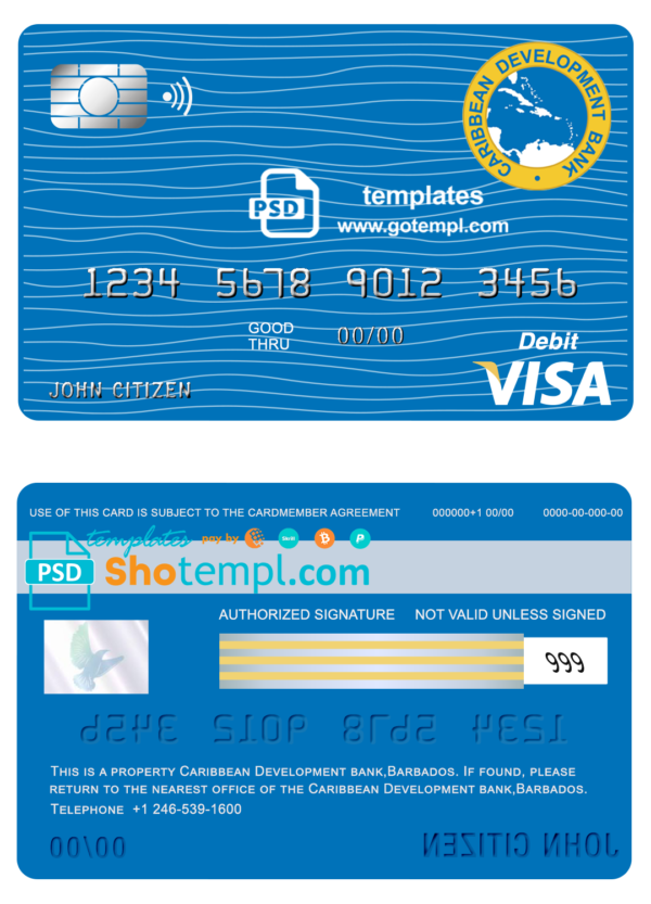Barbados Caribbean Development Bank visa card debit card template in PSD format, fully editable