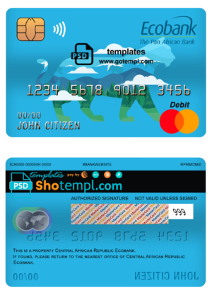 Central African Republic Ecobank mastercard debit card template in PSD format, fully editable