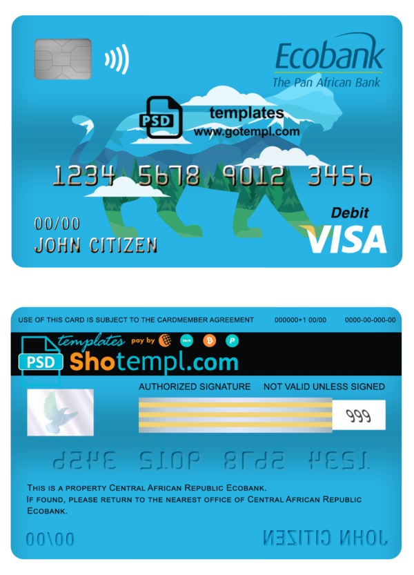 Central African Republic Ecobank visa card debit card template in PSD format, fully editable
