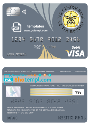 Bahamas The Central bank visa card debit card template in PSD format, fully editable