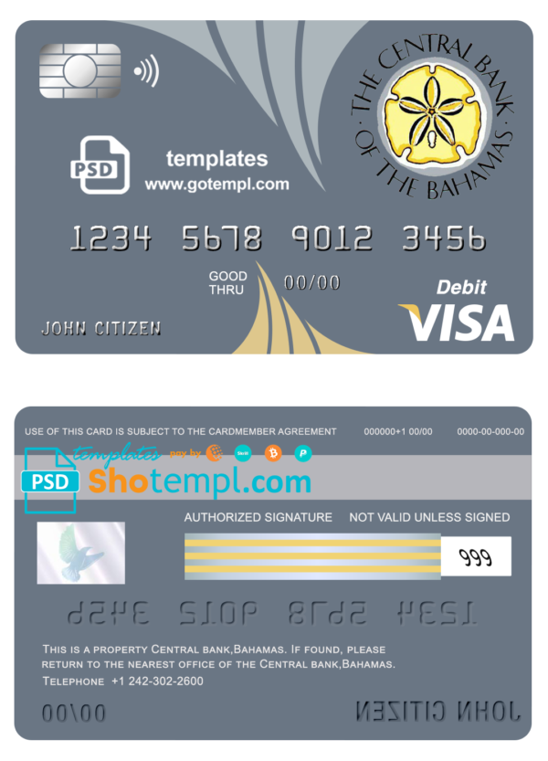 Bahamas The Central bank visa card debit card template in PSD format, fully editable