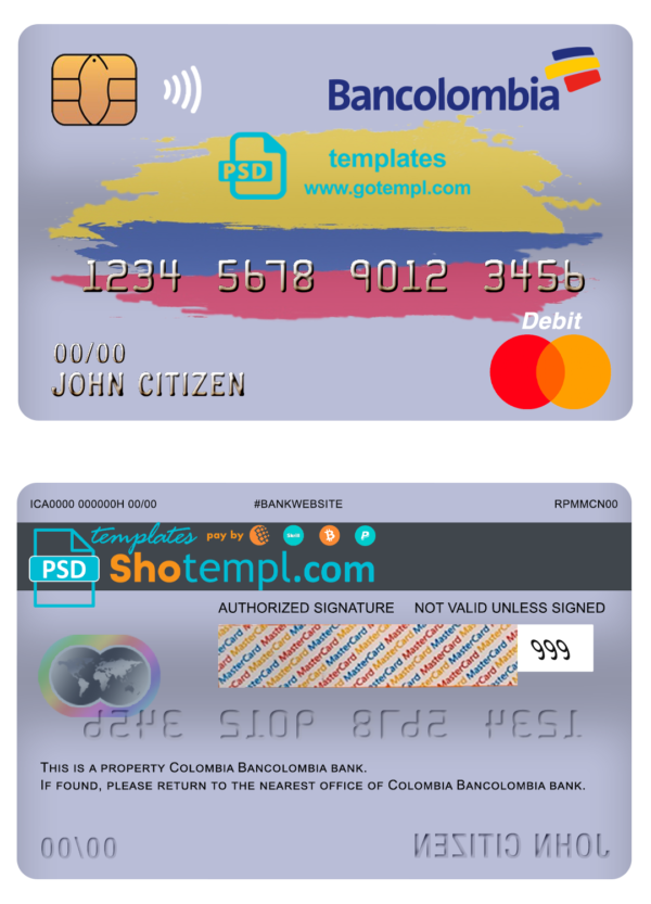 Colombia Bancolombia bank mastercard debit card template in PSD format, fully editable