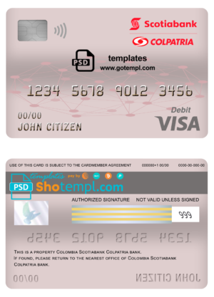 Colombia Scotiabank Colpatria bank visa card debit card template in PSD format, fully editable