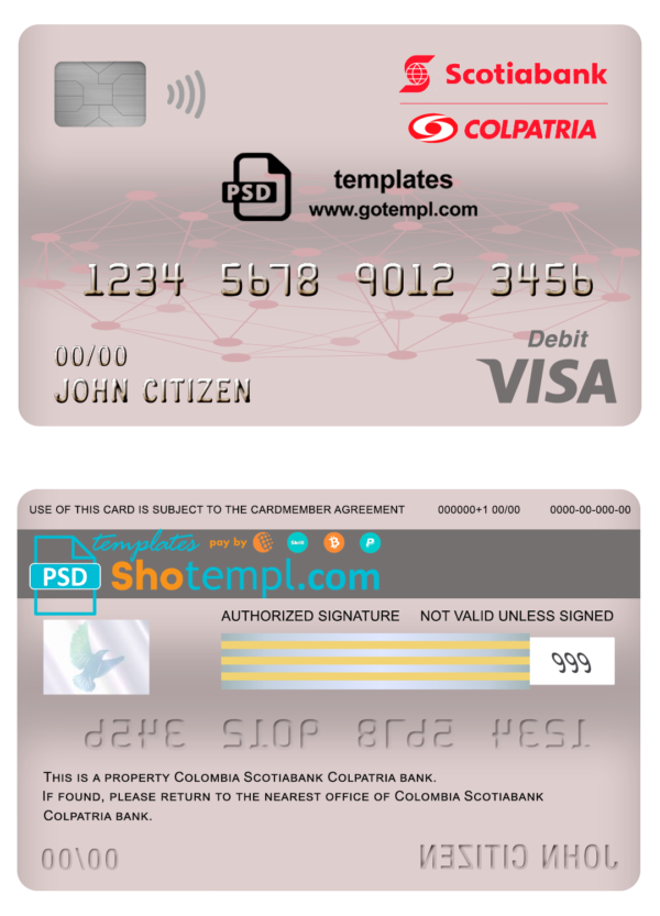 Colombia Scotiabank Colpatria bank visa card debit card template in PSD format, fully editable
