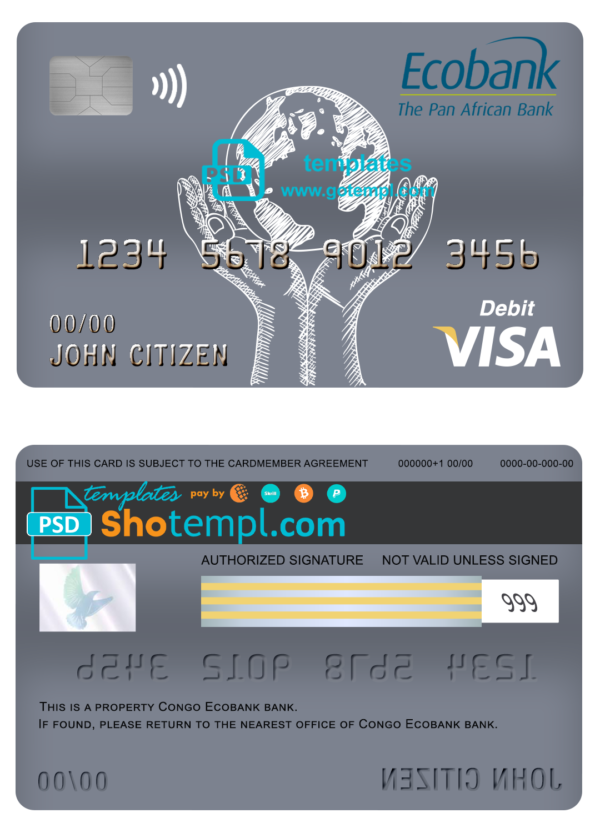 Congo Ecobank bank visa card debit card template in PSD format, fully editable
